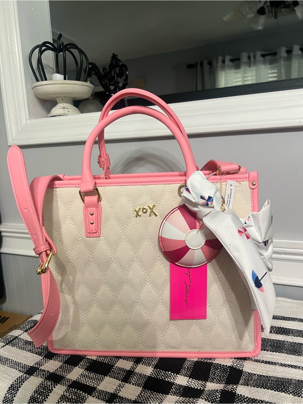 Betsey Johnson- Quilted Canvas Tote Bag - Pink and Cream NWT